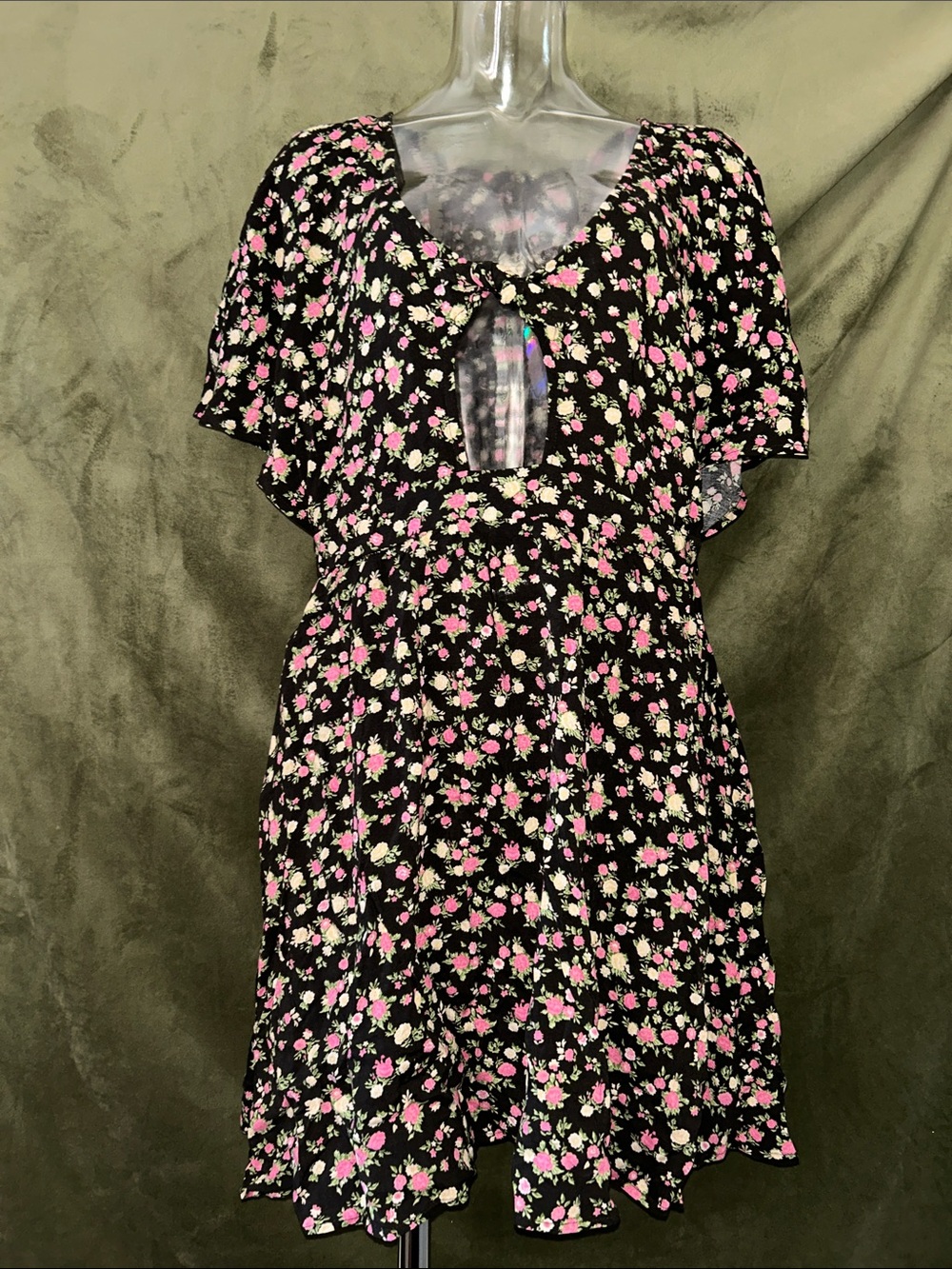 Tresics Black Dress with Pink and Cream Floral Print and Front Tie